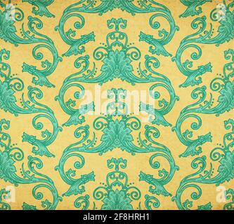 Vector illustration of old vintage Victorian ornate wallpaper - old paper parchment with spots and faded blue background ornament Stock Vector