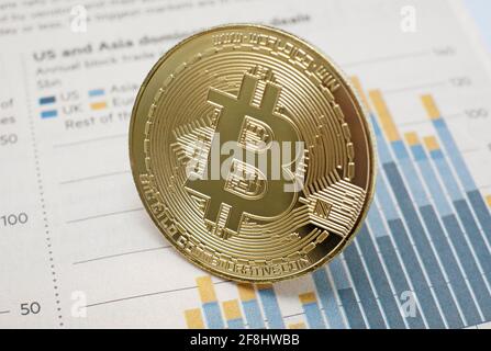 gold plated bitcoin coin on graph background Stock Photo