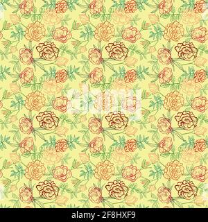 Flower seamless pattern on yellow background with the roses painted in outline style Stock Vector
