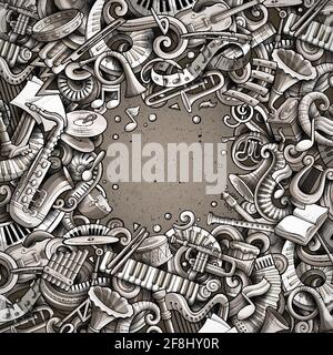 Cartoon vector doodles Classic music frame. Graphic, detailed, with lots of objects background. All objects separate. Monochrome musical funny border Stock Vector