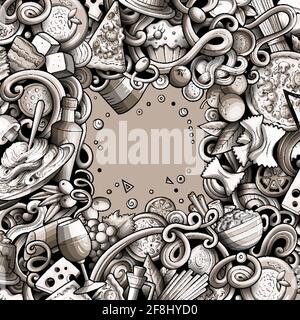 Cartoon vector doodles Italian food frame. Monochrome, detailed, with lots of objects background. Stock Vector
