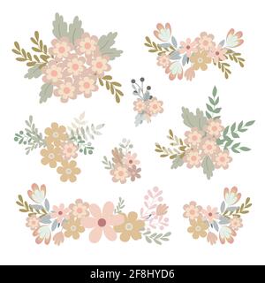 Simple flowers pastel-colored floral arrangement set in flat style vector illustration, symbol of spring, cozy home, Easter holidays celebration decor, clipart for cards, bohemian springtime decoration Stock Vector