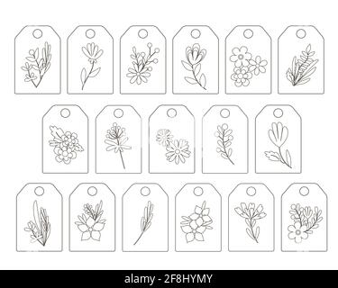 Outline boho simple flowers gift tags labels set, hand drawn doodle style floral vector illustration for craft, handmade gifts, bohemian springtime decoration Stock Vector