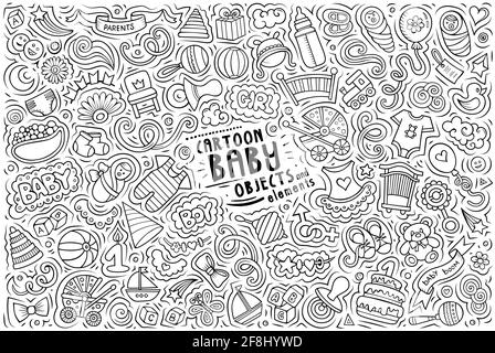 Line art vector hand drawn doodle cartoon set of Baby theme items, objects and symbols Stock Vector