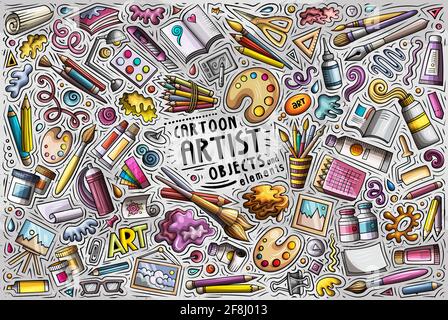 Colorful vector hand drawn doodle cartoon set of Artist theme items, objects and symbols Stock Vector