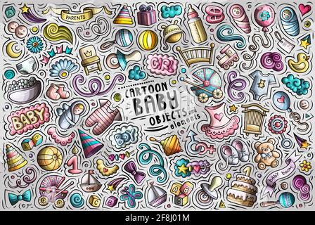 Colorful vector hand drawn doodle cartoon set of Baby theme items, objects and symbols Stock Vector