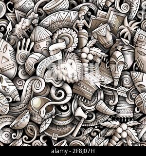 Cartoon doodles Africa seamless pattern. Backdrop with african culture symbols and items. Monochrome detailed, with lots of objects background for pri Stock Vector