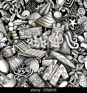 Cartoon doodles Hawaii seamless pattern. Backdrop with Hawaiian culture symbols and items. Stock Vector