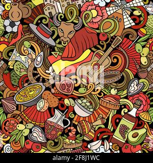 Cartoon doodles Spain seamless pattern. Backdrop with Spanish culture symbols and items. Colorful detailed, with lots of objects background for print Stock Vector