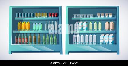 Vector cartoon style supermarket shelves stands. Isolated on white background. Stock Vector