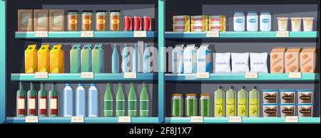 Big seamless collection of vector cartoon style supermarket shelves with products, food, drinks. Stock Vector