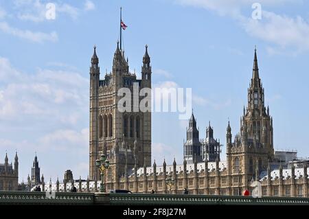 London. UK. 14th Mar 2021. Flags fly at half mast across the UK to mark the death of the Duke of Edinburgh on 09.04.2021. Houses of Parliament, Westminster. London Credit: michael melia/Alamy Live News Stock Photo