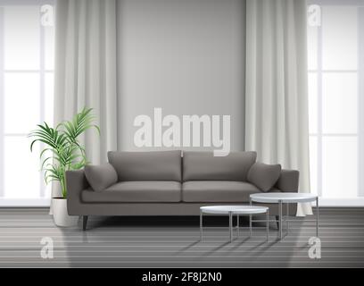 3d realistic vector living room interior with windows, curtains, sofa with coffee tables. Stock Vector