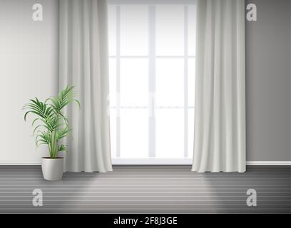 3d realistic vector room interior with big window with light and curtains and potted plant on the floor. Stock Vector