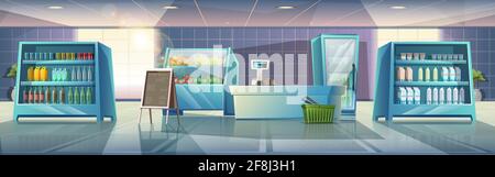 Vector cartoon style illustration of interior supermarket with showcases food and grocery, cashier and menu stand. Stock Vector