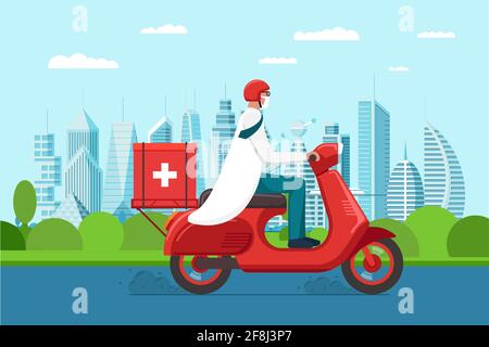 Male doctor in protection mask riding retro motorbike with medical surgical sanitary box first aid on city road. Medicine scooter delivery pharmacy. Physician man on red moped vector eps illustration Stock Vector