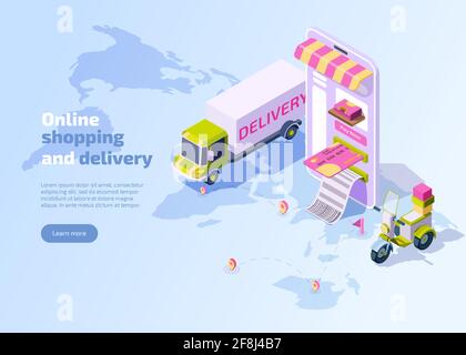 Online shopping and delivery isometric landing page. Logistic order delivery service web banner with smartphone with mobile app for payment, parcel box, truck and motorcycle on blue background. Stock Vector