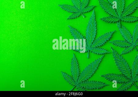 Happy 420, cannabis Indica leaf and marijuana background pattern concept theme with many artificial hemp leaves isolated on green backgrounds with cop Stock Photo