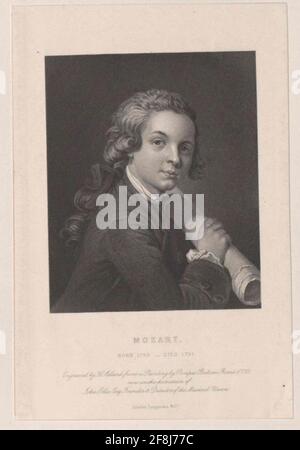 Mozart, Wolfgang Amadeus almost half a figure about the right shoulder, half right. Painting by Pompeo Battoni, originated in Rome July 1770. Print of Henry Adlard. Stock Photo