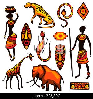Set of African ethnic items. People, animals and masks. Stock Vector