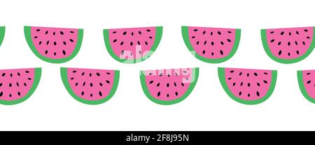 Watermelon slice seamless vector border. Watermelons repeating horizontal background. Scandinavian style cute summer fruit surface pattern design for Stock Vector