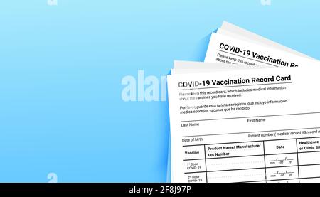 Coronavirus vaccination record card on blue background with copy space for travel and movement without borders. Vaccination form during the Stock Vector