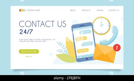 Contact us 24-7 today. Customer support call center. Landing page concept. Flat design, vector illustration. Stock Vector