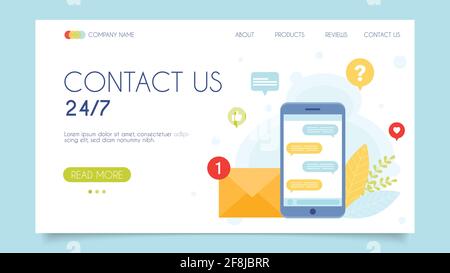 Contact us 24-7. Customer support call center. Landing page concept. Flat design, vector illustration. Stock Vector