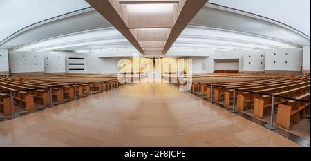 Fatima, Portugal - Feb 12, 2020: Panoramic view of Basilica of the Most Holy Trinity Interior at Sanctuary of Fatima - Fatima, Portugal Stock Photo