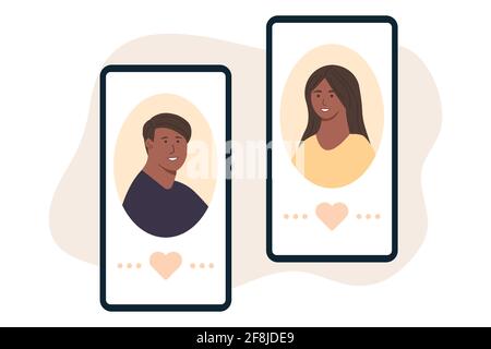 Man and woman lovers via online in mobile phone dating app. Flat vector illustration. Online dating during coronavirus, long social distance couple Stock Vector