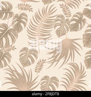 Seamless vector pattern with monochrome beige color tropical jungle palm tree leaves. Stock Vector