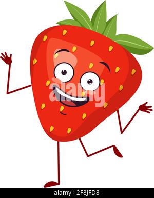 Cute strawberry character cheerful with emotions dancing, arms and legs. The funny or smile hero, red fruit and berry Stock Vector