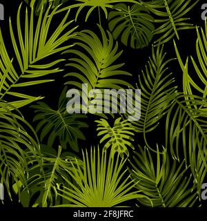 Vector seamless pattern of leaves monstera, flowers, tropical jungle leaves of palm tree background. Stock Vector