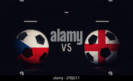 Czech Republic vs England Euro 2020 football matchday announcement. Two soccer balls with country flags, showing match infographic, isolated on black Stock Photo
