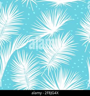 Blue vector tropical seamless pattern with leaves of palm tree and ...