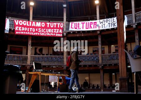 Rome, Italy. 14th Apr, 2021. A group of workers in the entertainment field (actors, singers, ecc.) occupied this morning the Globe Theatre Silvano Toti, a beautiful theatre set inside Villa Borghese, after more than a year stop for the live entertainment, to ask for more security and certainty on their work. Rome (Italy), April 14th 2021 Photo Samantha Zucchi Insidefoto Credit: insidefoto srl/Alamy Live News Stock Photo