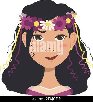 Woman avatars with different emotions. Girl with spring or summer flowers and a wreath in black hair. Human face with a smile or tears Stock Vector