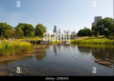 A partial view of the Chicago skyline as seen from the gardens of Lincoln Park. Stock Photo