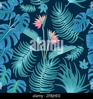 Vector tropical seamless pattern with  leaves of palm tree and flowers. Botany  background, jungle  wallpaper. Stock Vector