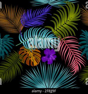 Seamless pattern with multicolor tropical leaves of palm tree. Jungle vector background. Stock Vector