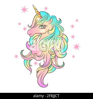 Cute magical unicorn with stars. Vector illustration of a unicorn head. Romantic hand drawing illustration for children. The image is isolated from th Stock Vector