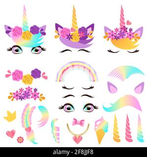 Set of design elements for a unicorn head in a wreath of flowers. Vector illustration. Stock Vector