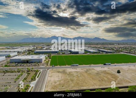 Above view of warehouse near residential quarters at beautiful Avondale town urban landscape with Arizona USA Stock Photo