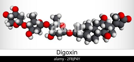 Digoxin, molecule. It is cardiac glycoside, cardiovascular medication, used to manage atrial fibrillation and symptoms of heart failure. Molecular mod Stock Photo