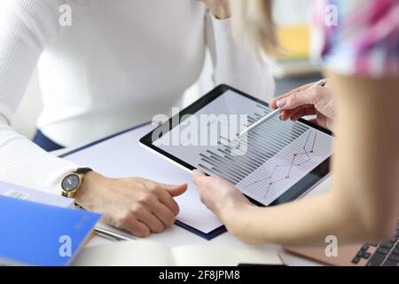 Businesswoman showing colleague graph on digital tablet closeup Stock Photo