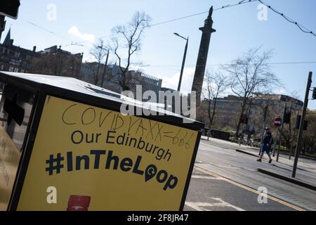 Edinburgh, UK, 14th April 2021. Anti-Covid vaccine graffiti, ÒCovid VAXX = 666Ó, scrawled in the street, in Edinburgh, Scotland. Over 2.6million Scots have now had their first dose of the Covid-19 CoronaVirus vaccine, during the current health pandemic. Photo credit: Jeremy Sutton-Hibbert/Alamy Live News. Stock Photo