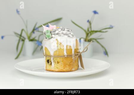 Orthodox Easter cake on a plate with spring flowers in a pot side view on a white background Stock Photo