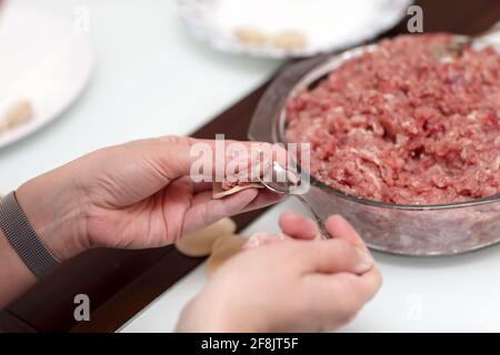 The woman is cooking dumplings at home Stock Photo