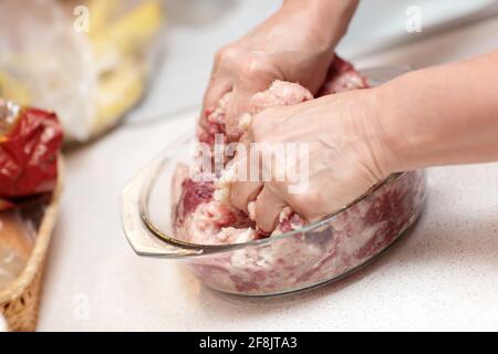 A woman mixing mince for the dumplings at home Stock Photo