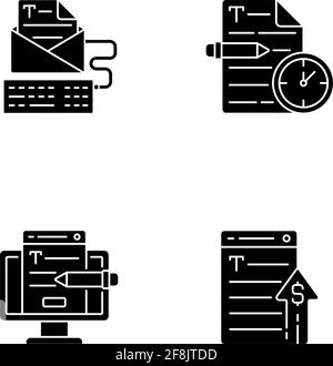 Text for online advertisement black glyph icons set on white space Stock Vector